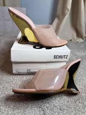 SCHUTZ Pink Clear Mule with Gold Sculptural Heel